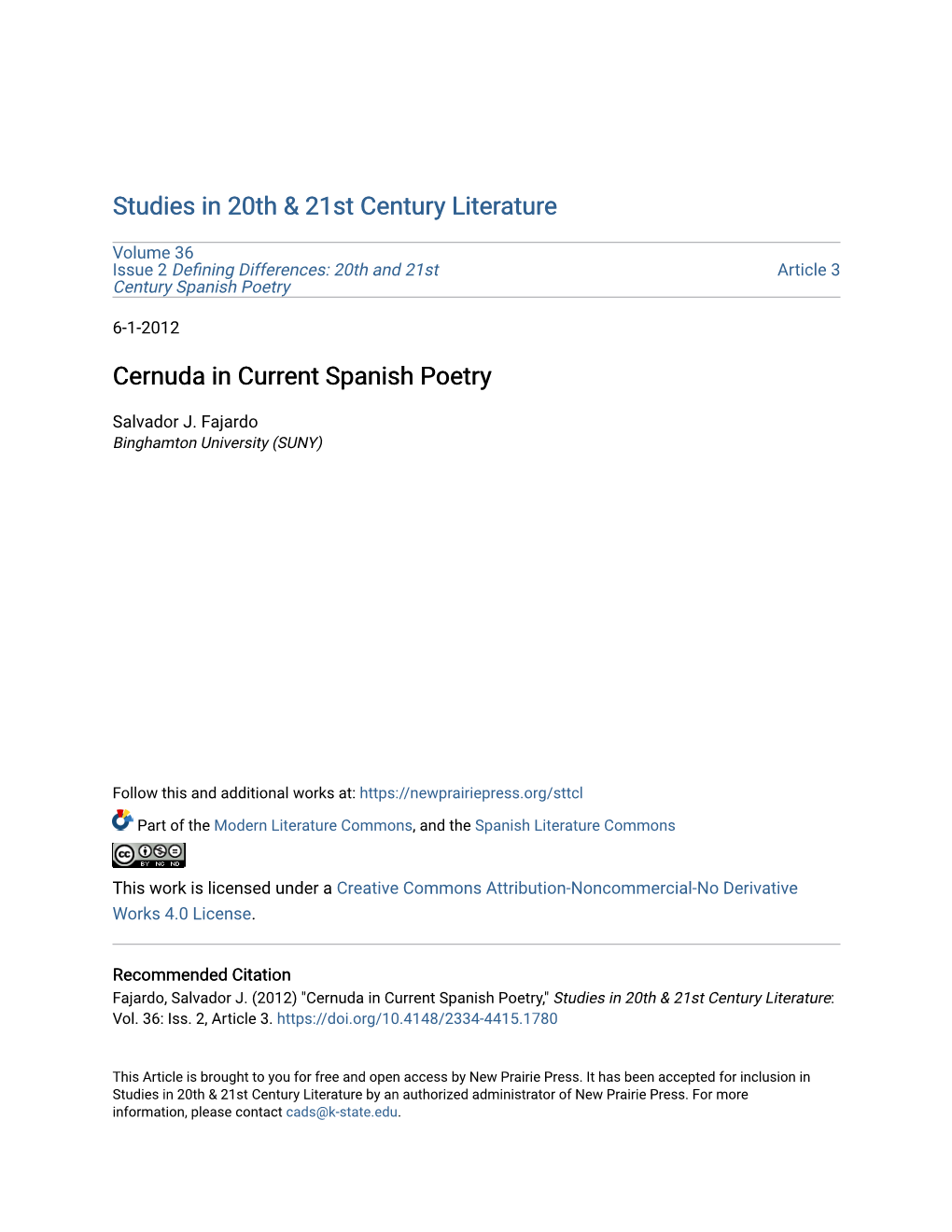 Cernuda in Current Spanish Poetry