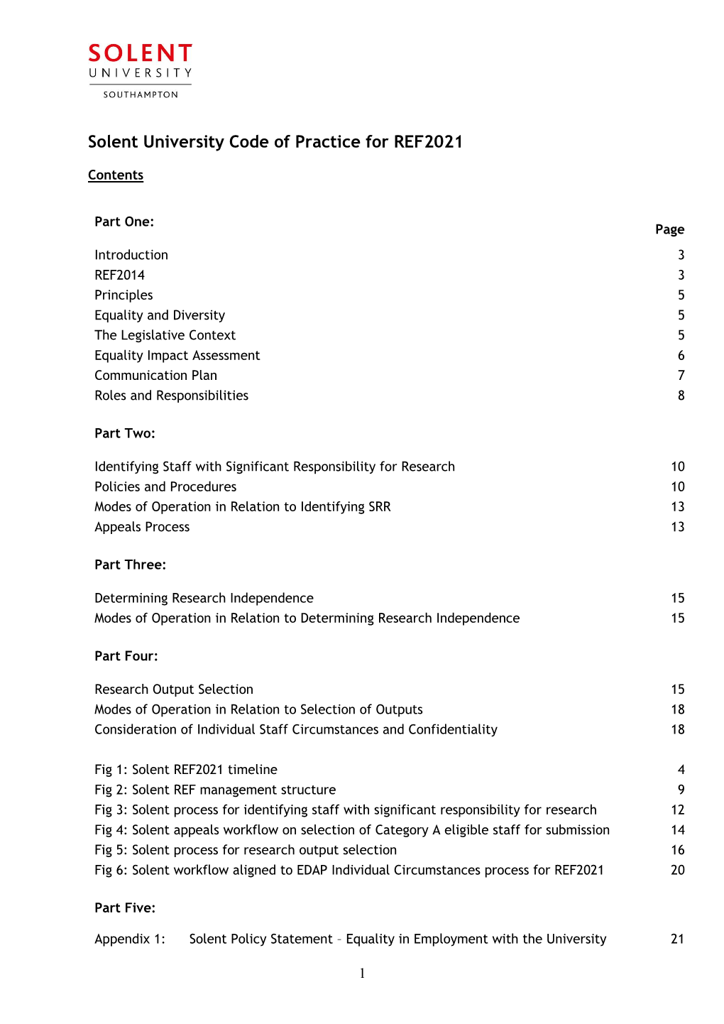 Solent University Code of Practice for REF2021