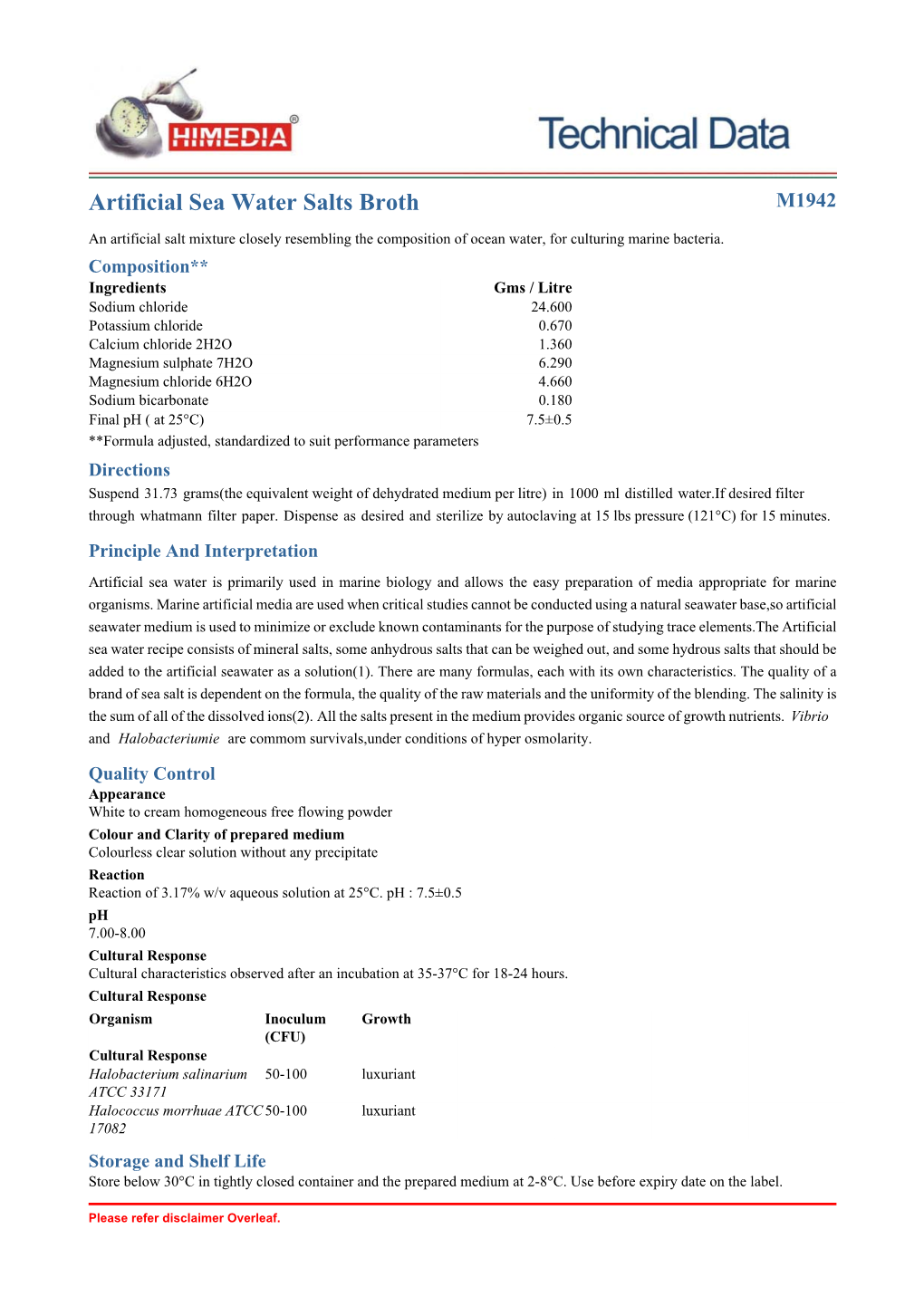 Artificial Sea Water Salts Broth M1942