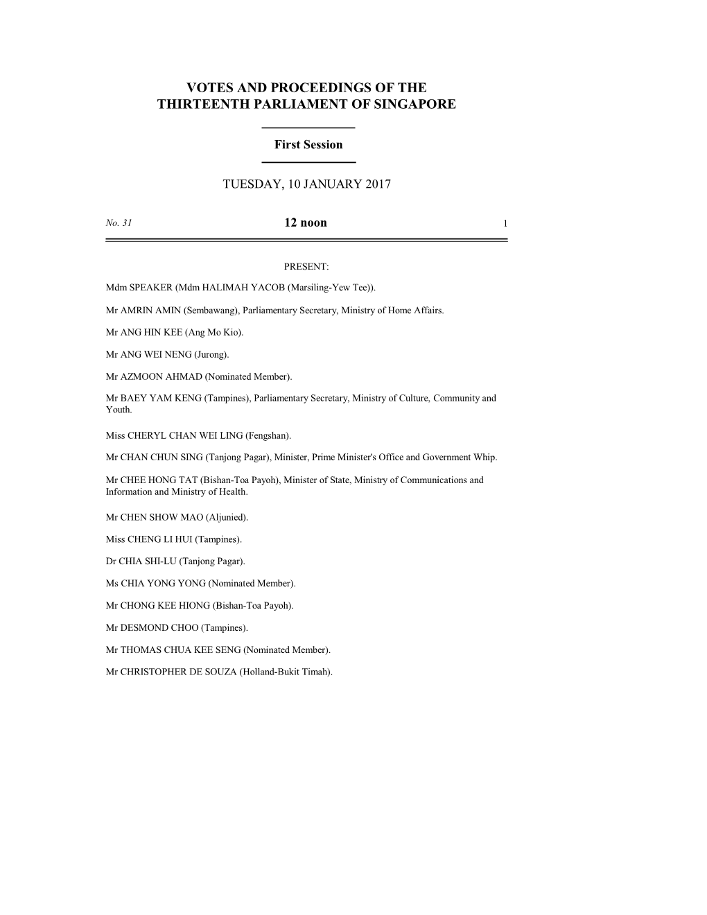 Votes and Proceedings of the Thirteenth Parliament of Singapore