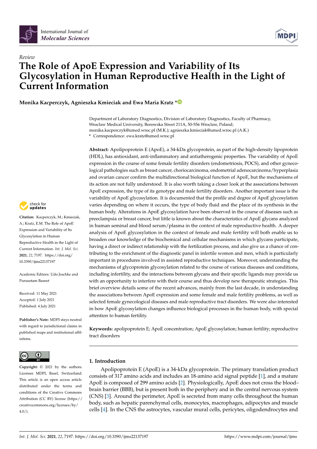 The Role of Apoe Expression and Variability of Its Glycosylation in Human Reproductive Health in the Light of Current Information