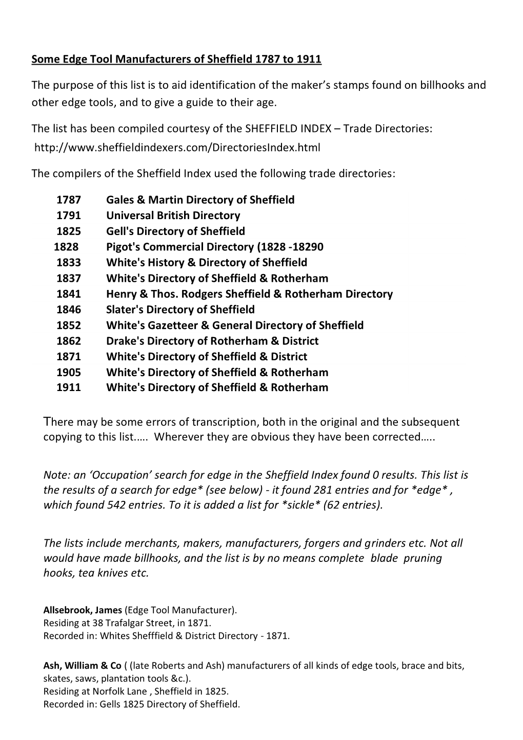 Some Edge Tool Manufacturers of Sheffield 1787 to 1911