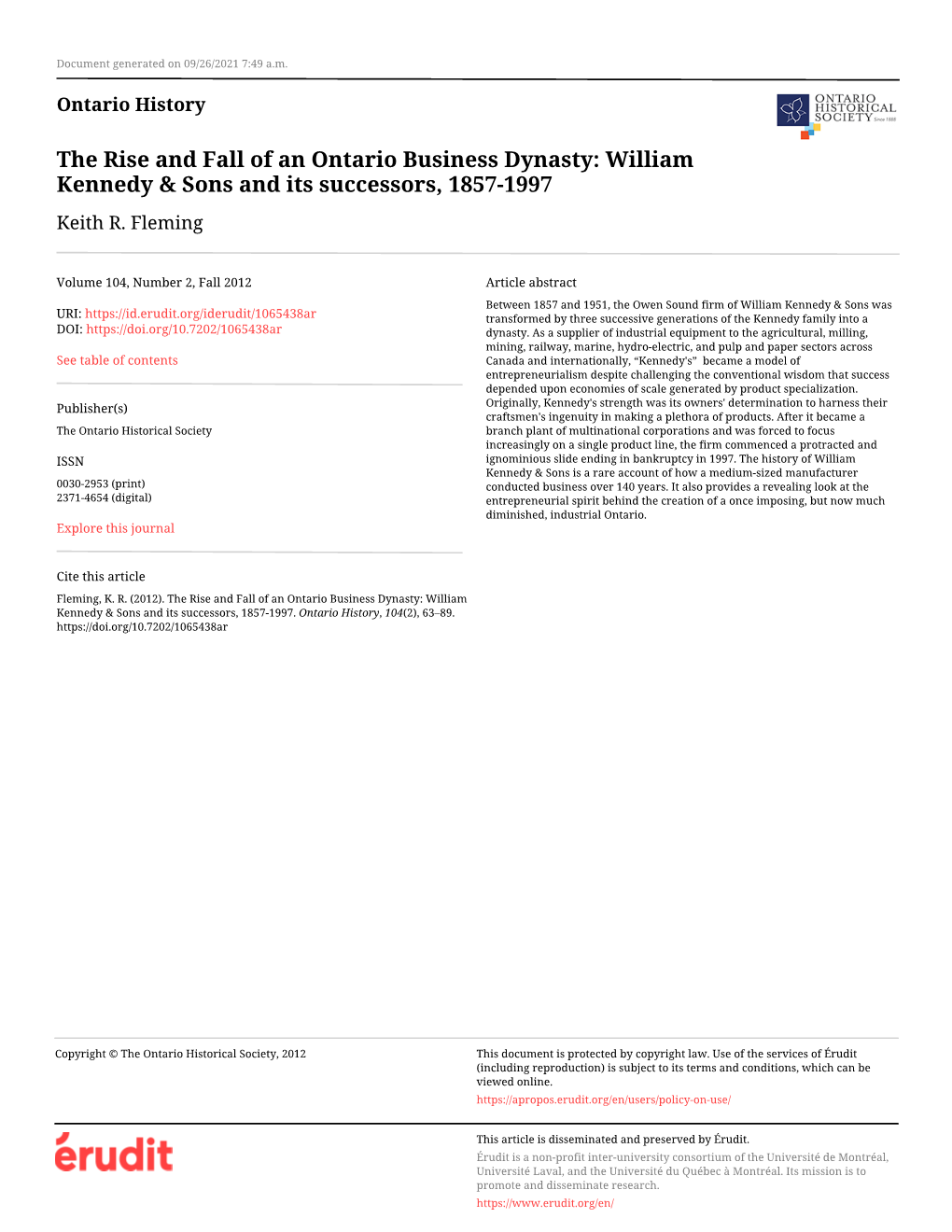 The Rise and Fall of an Ontario Business Dynasty: William Kennedy & Sons and Its Successors, 1857-1997 Keith R