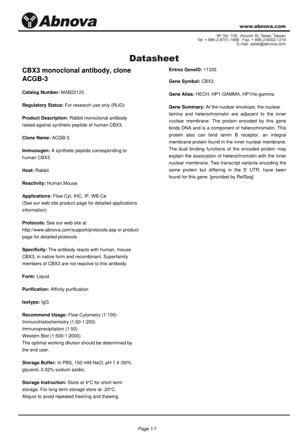 CBX3 Monoclonal Antibody, Clone ACGB-3