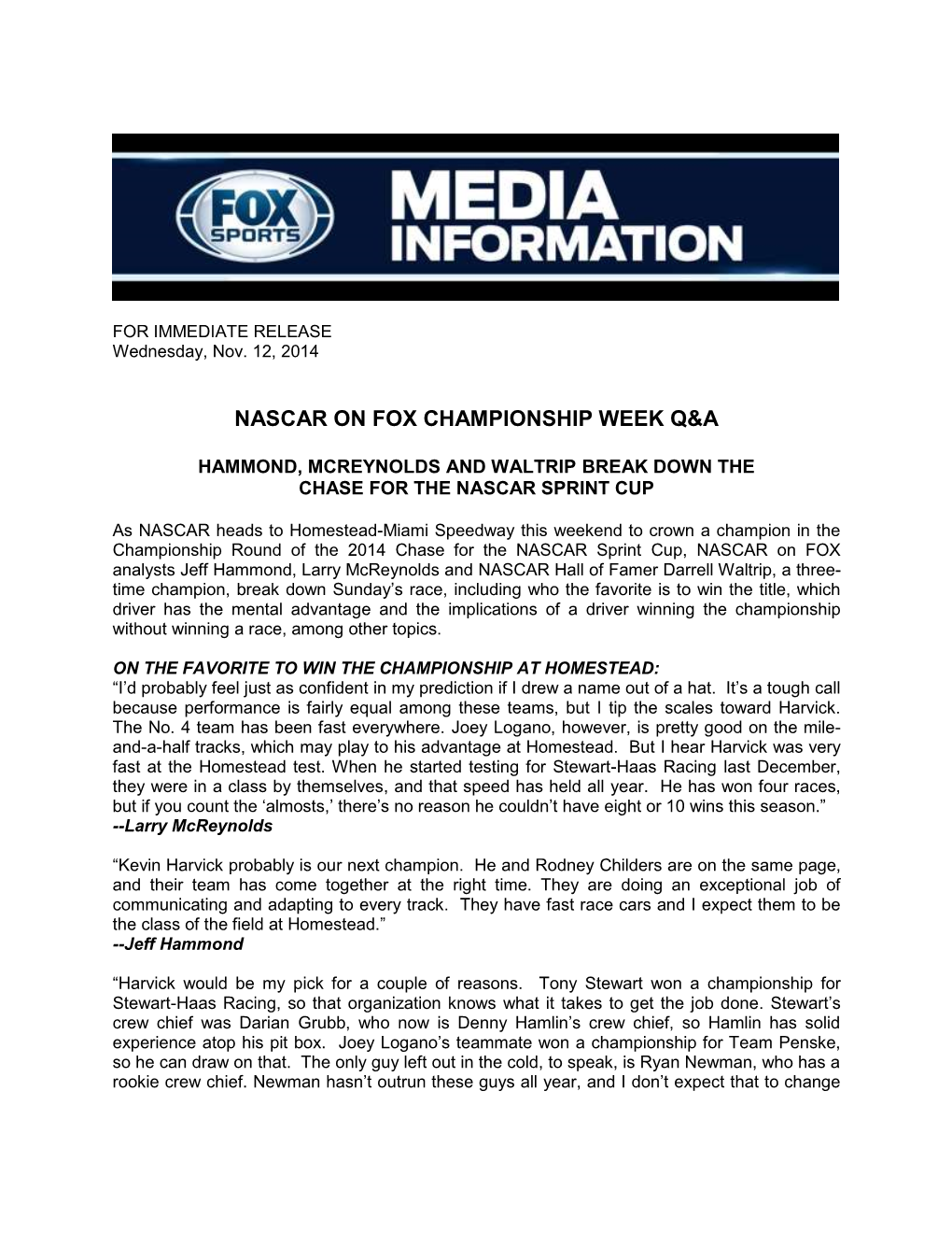 Nascar on Fox Championship Week Q&A