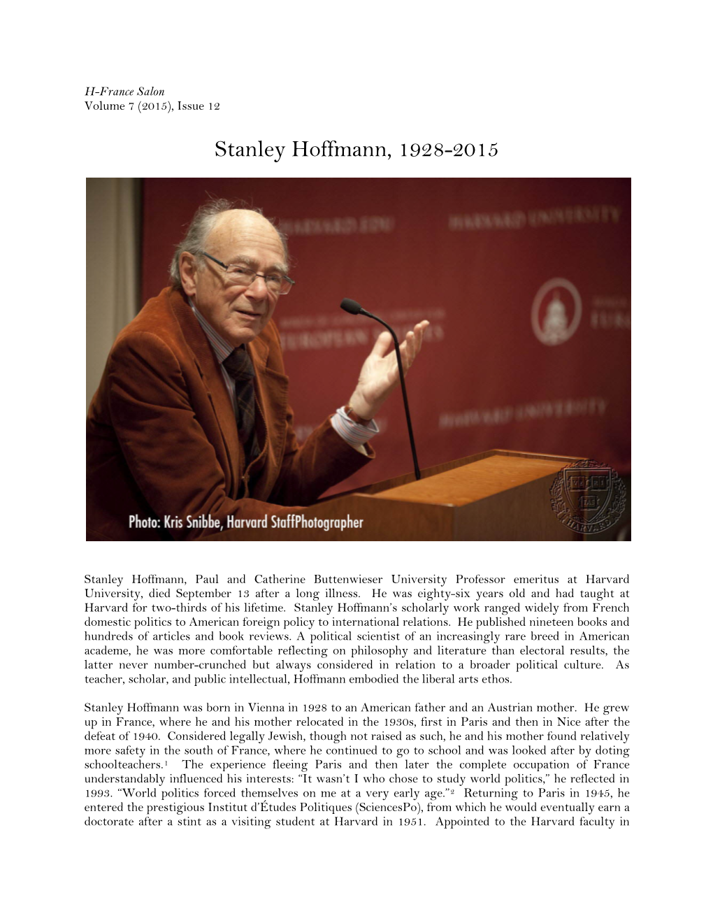 Stanley Hoffmann, 1928-2015