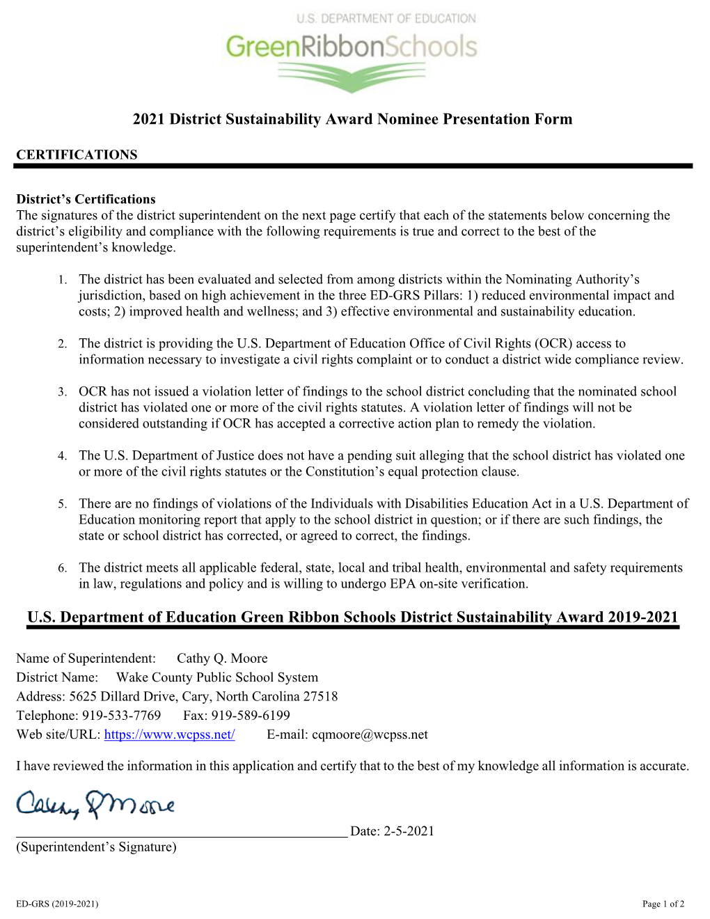 2021 District Sustainability Award Nominee Presentation Form U.S