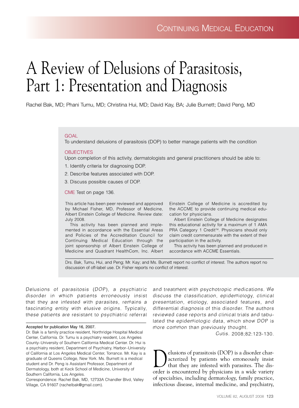 A Review of Delusions of Parasitosis, Part 1: Presentation and Diagnosis