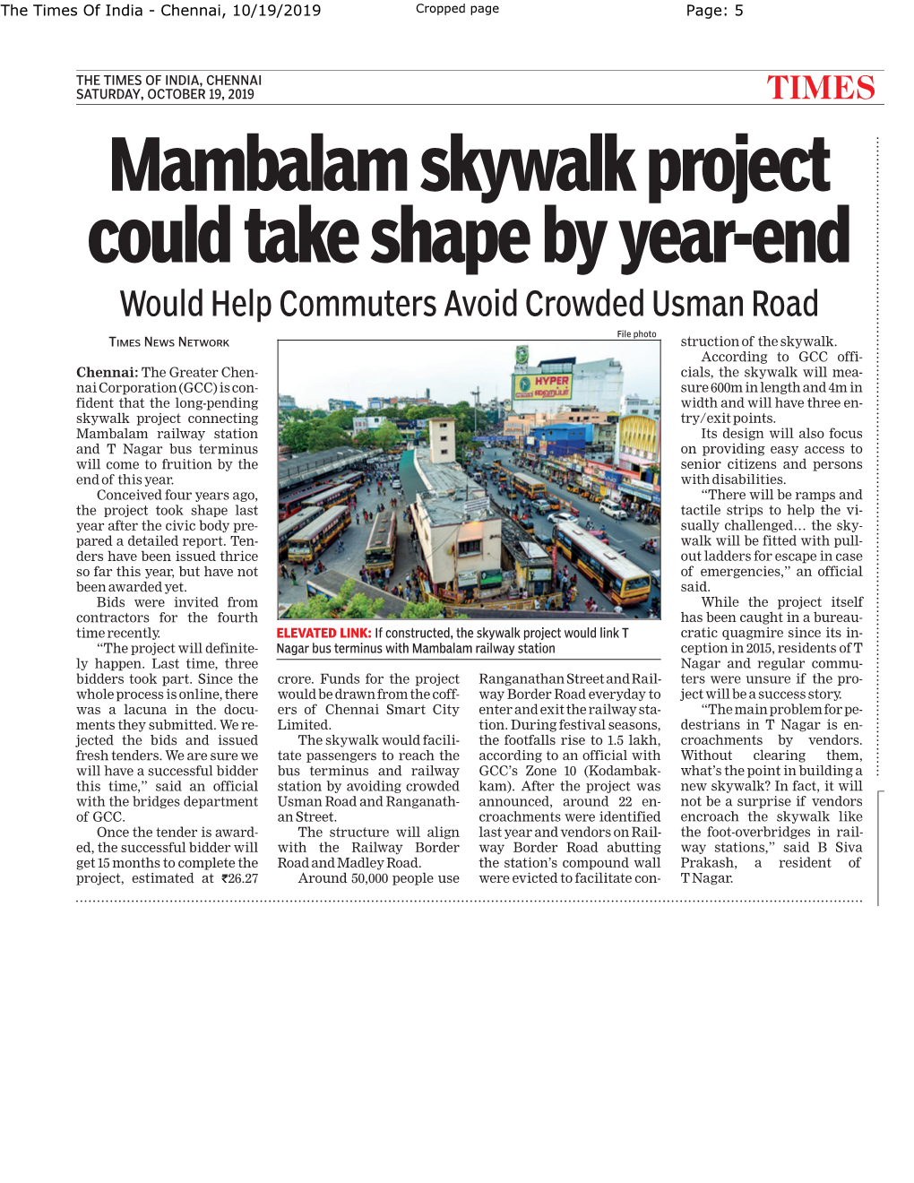 Mambalam Skywalk Project Could Take Shape by Year-End