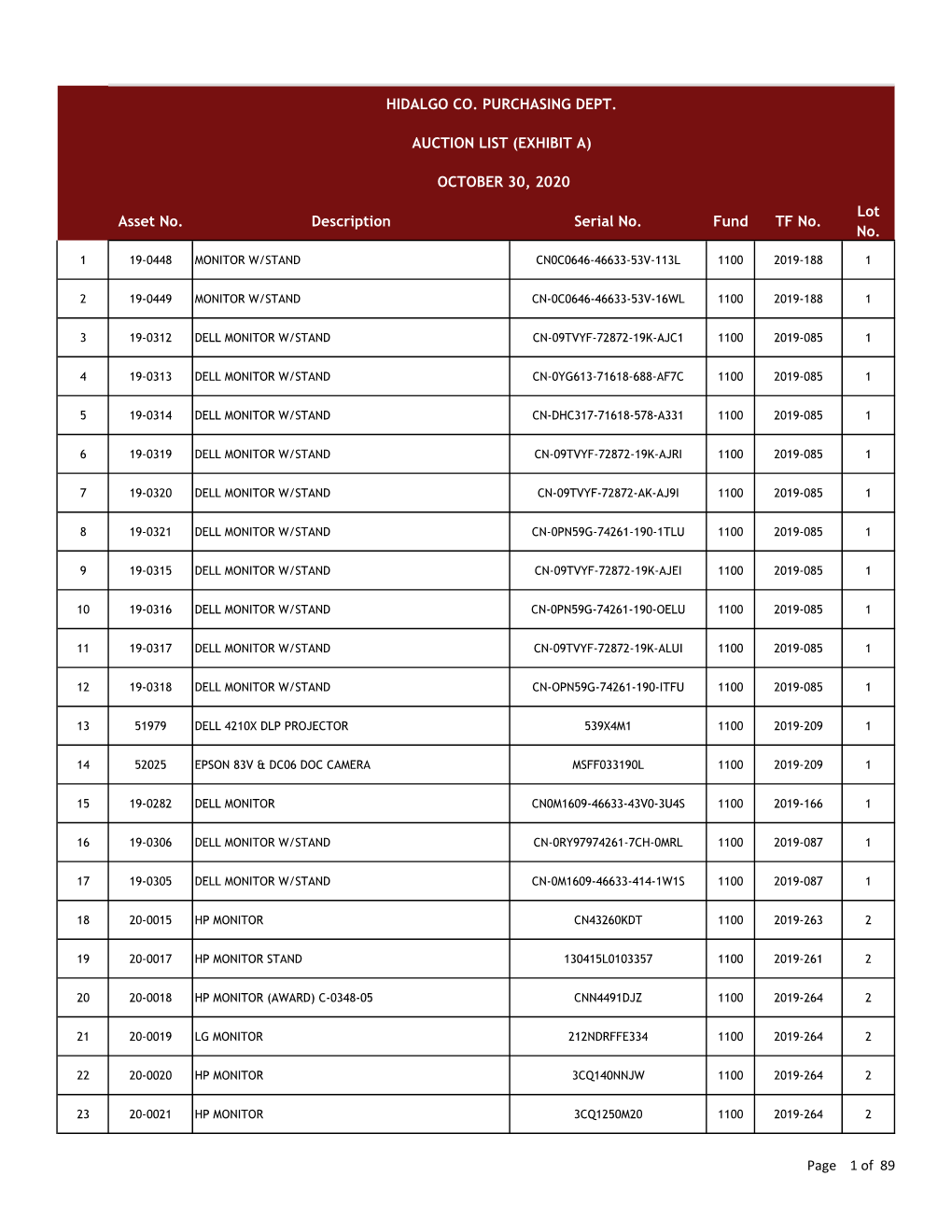 Auction List As of 09-18-2020 Final