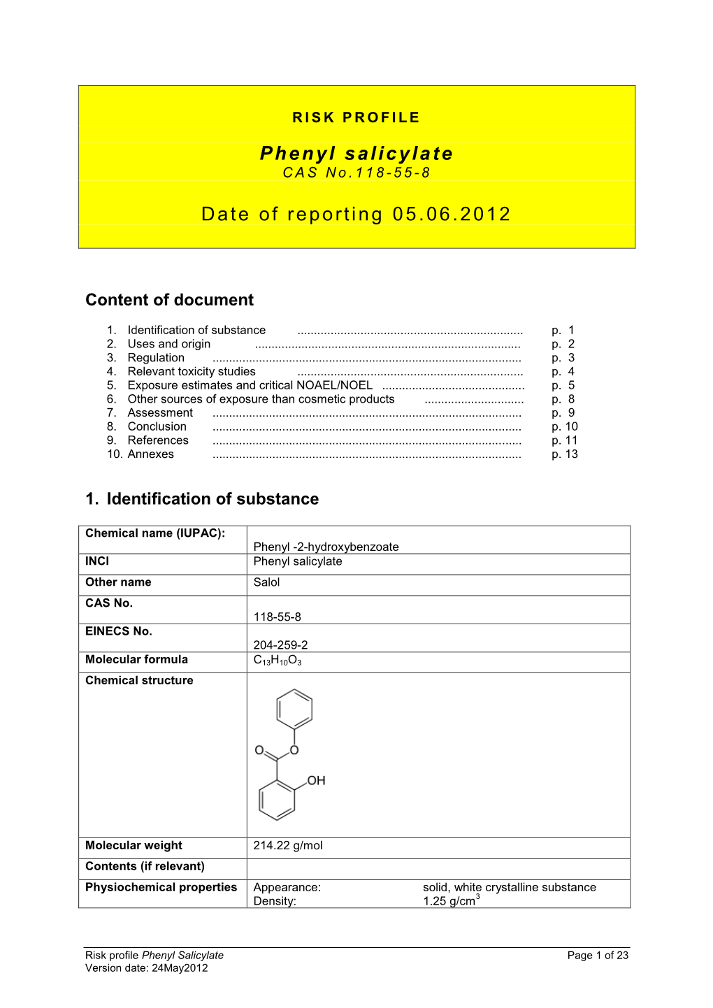 RISK PROFILE of Phenyl Salicylate