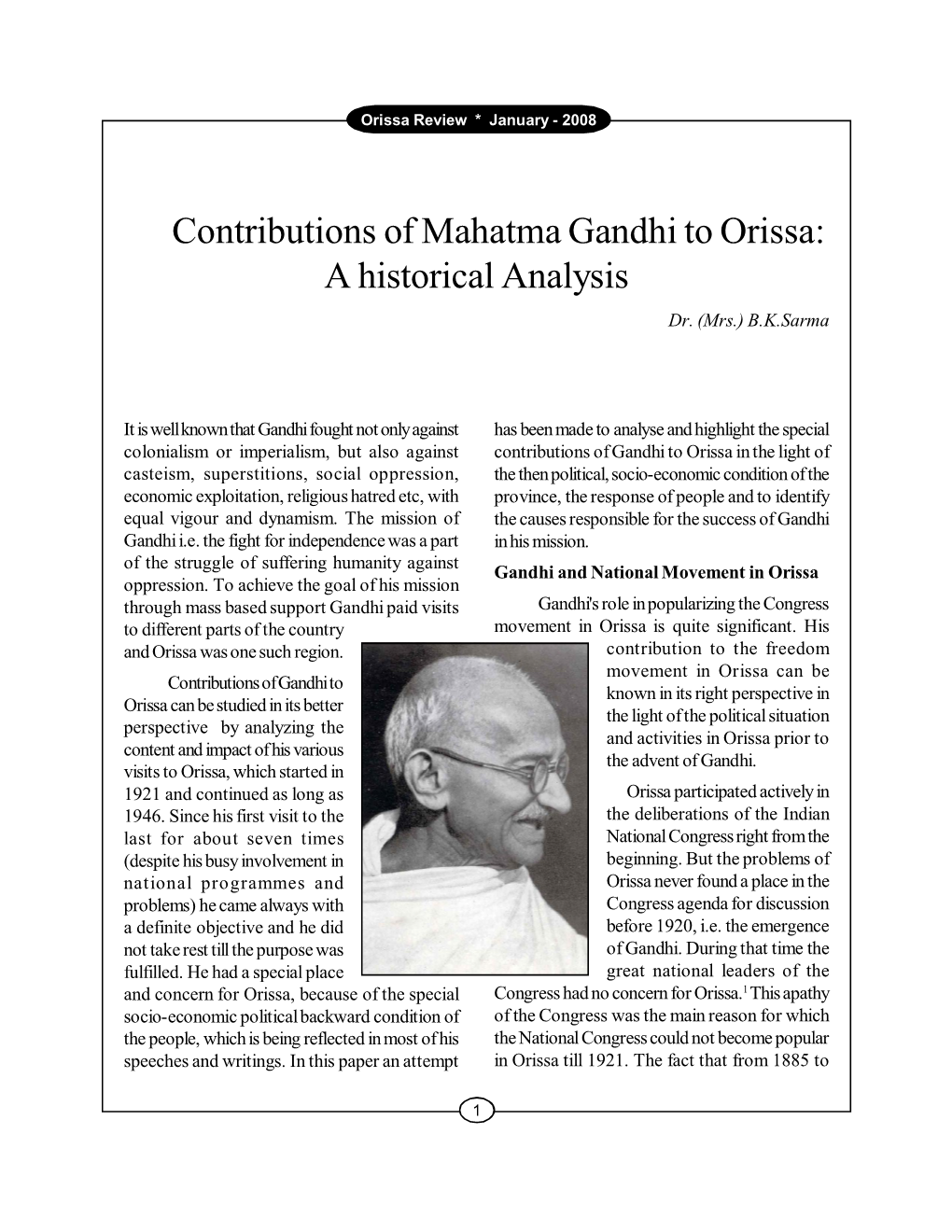 Contributions of Mahatma Gandhi to Orissa: a Historical Analysis Dr