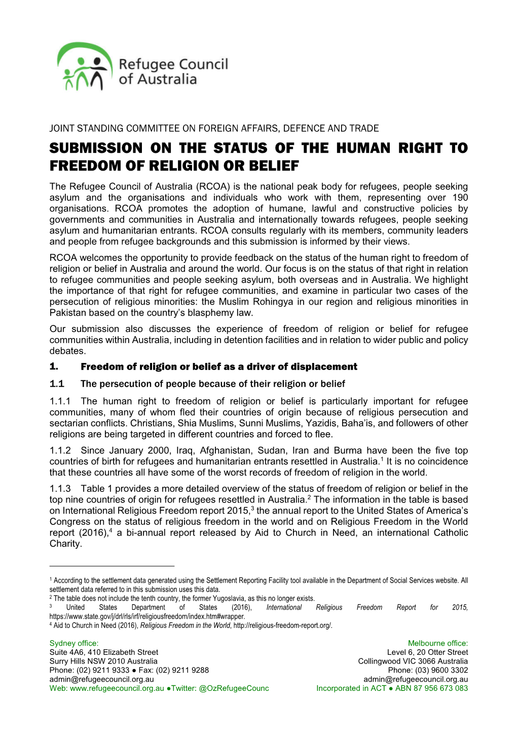 Submission on the Status of the Human Right to Freedom of Religion Or Belief