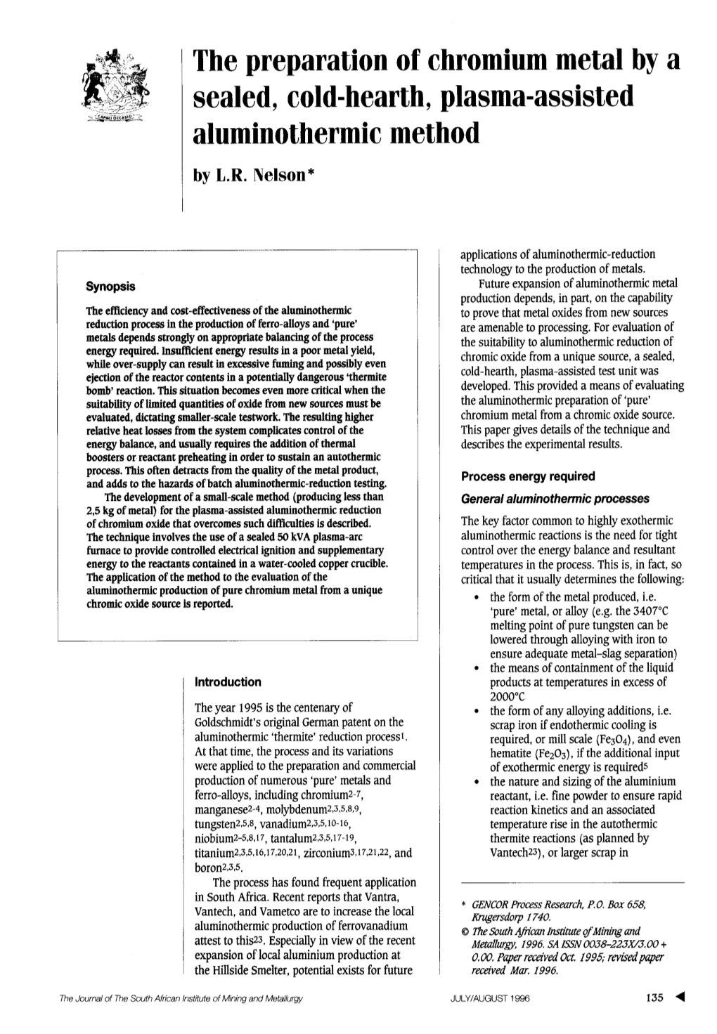 The Preparation of Chromium Metal by a Sealed, Cold-Hearth, Plasma-Assisted Aluminothermic Method