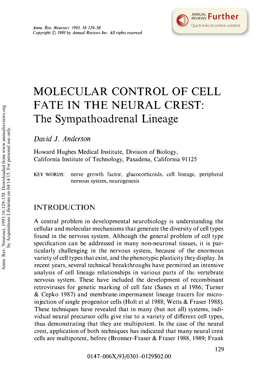 MOLECULAR CONTROL of CELL FATE in the NEURAL CREST: the Sympathoadrenal Lineage