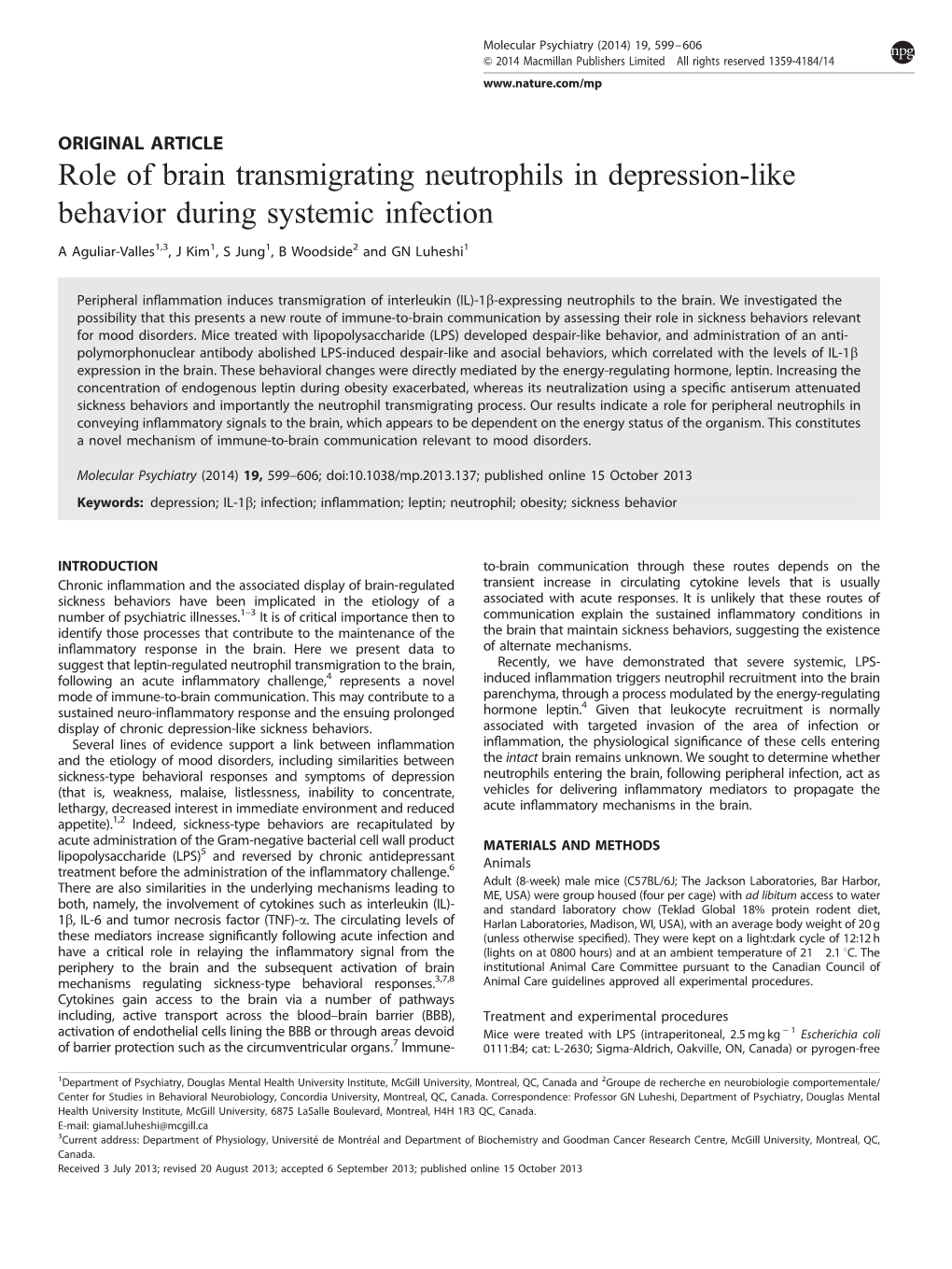 Role of Brain Transmigrating Neutrophils in Depression-Like Behavior During Systemic Infection