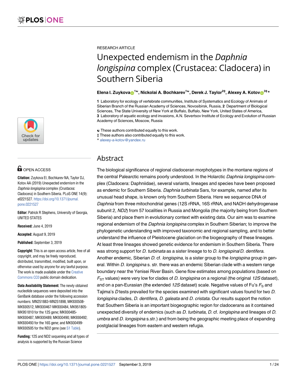 Unexpected Endemism in the Daphnia Longispina Complex (Crustacea: Cladocera) in Southern Siberia