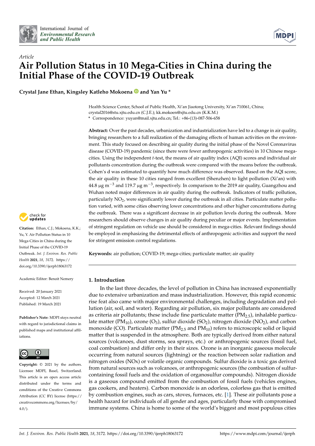 Air Pollution Status in 10 Mega-Cities in China During the Initial Phase of the COVID-19 Outbreak