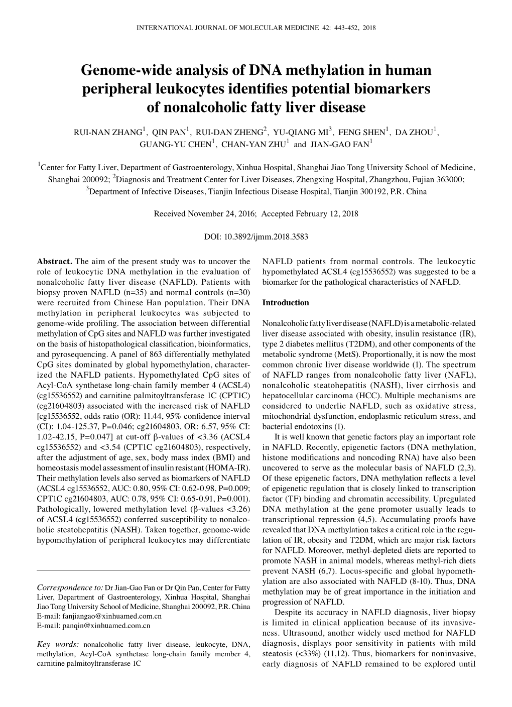 Genome-Wide Analysis of DNA Methylation in Human Peripheral Leukocytes Identifies Potential Biomarkers of Nonalcoholic Fatty Liver Disease