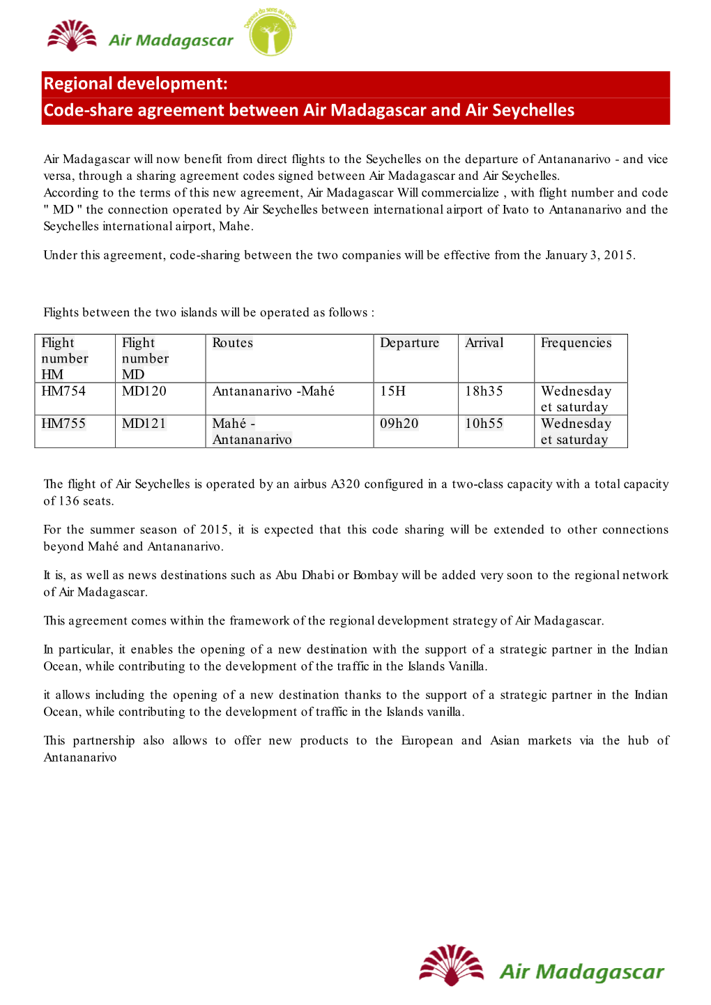 Regional Development: Code-Share Agreement Between Air Madagascar and Air Seychelles