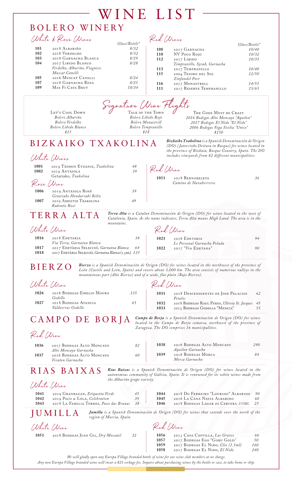 Wine List Bolero Winery