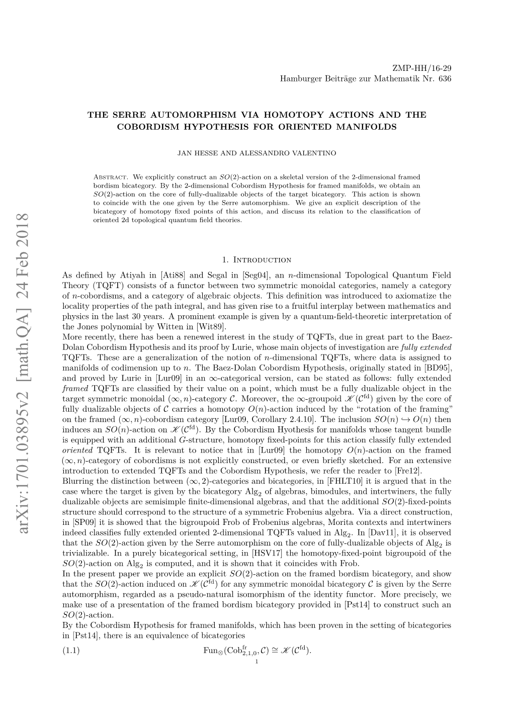 Arxiv:1701.03895V2 [Math.QA] 24 Feb 2018 Indeed Classiﬁes Fully Extended Oriented 2-Dimensional Tqfts Valued in Alg2