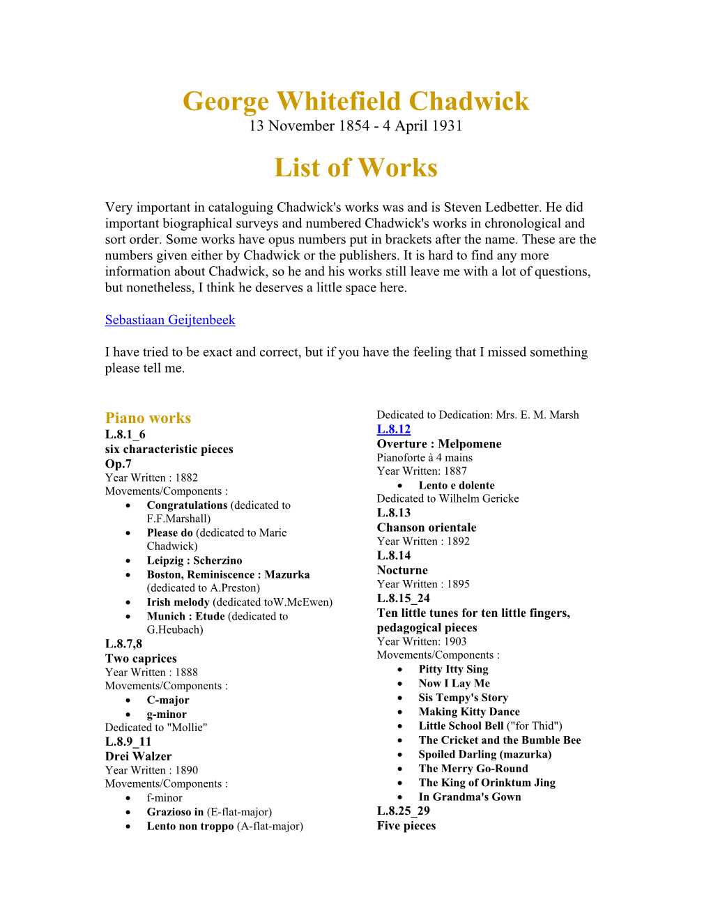 George Whitefield Chadwick List of Works