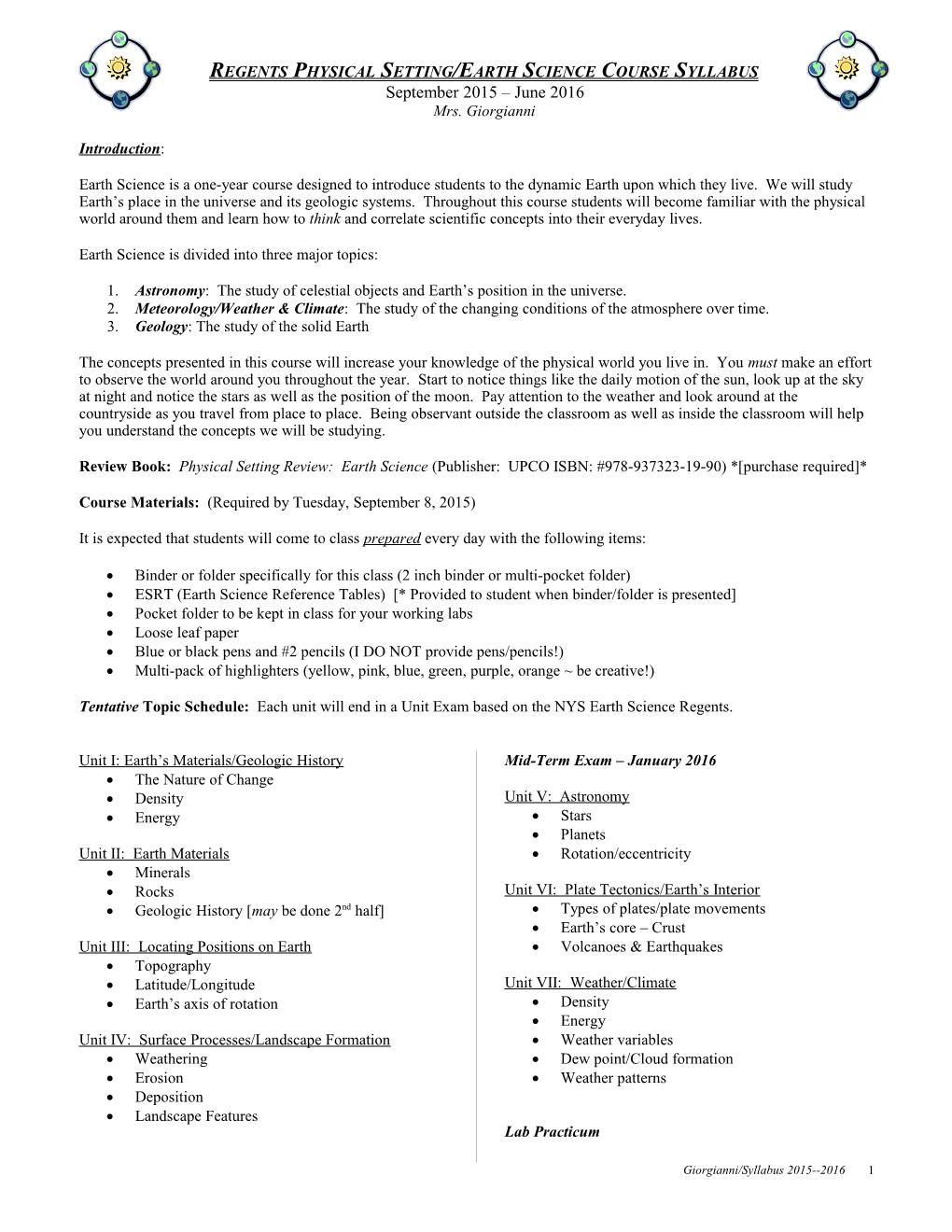 Regents Physical Setting/Earth Science Course Syllabus