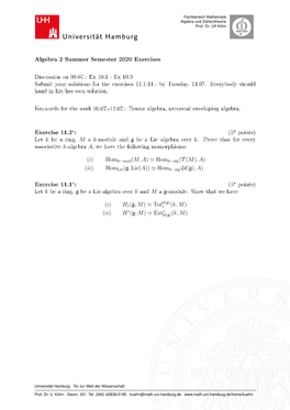 Algebra 2 Summer Semester 2020 Exercises