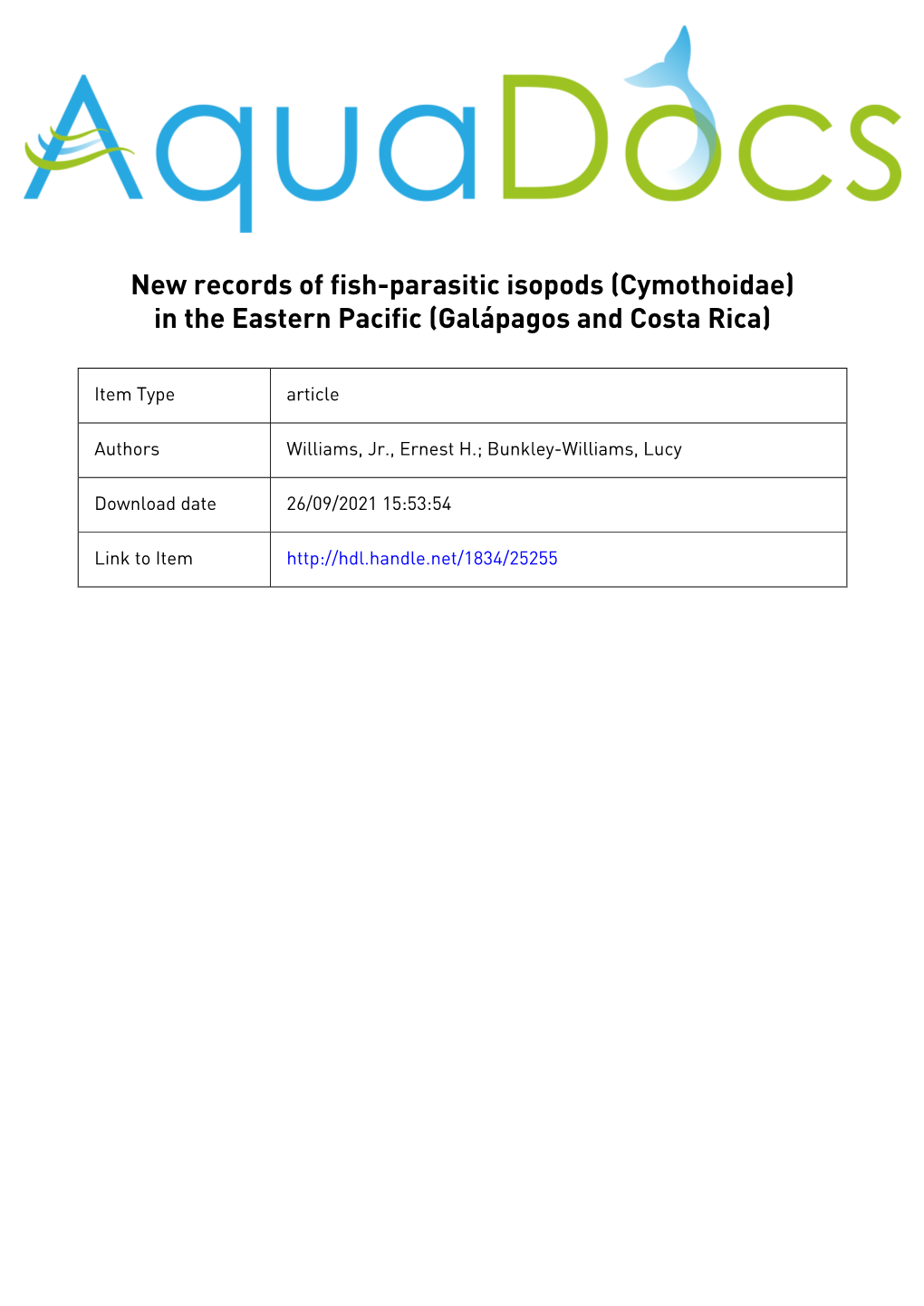 New Records of Fish-Parasitic Isopods (Cymothoidae) in the Eastern Pacific (Galápagos and Costa Rica)