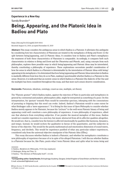 Being, Appearing, and the Platonic Idea in Badiou and Plato