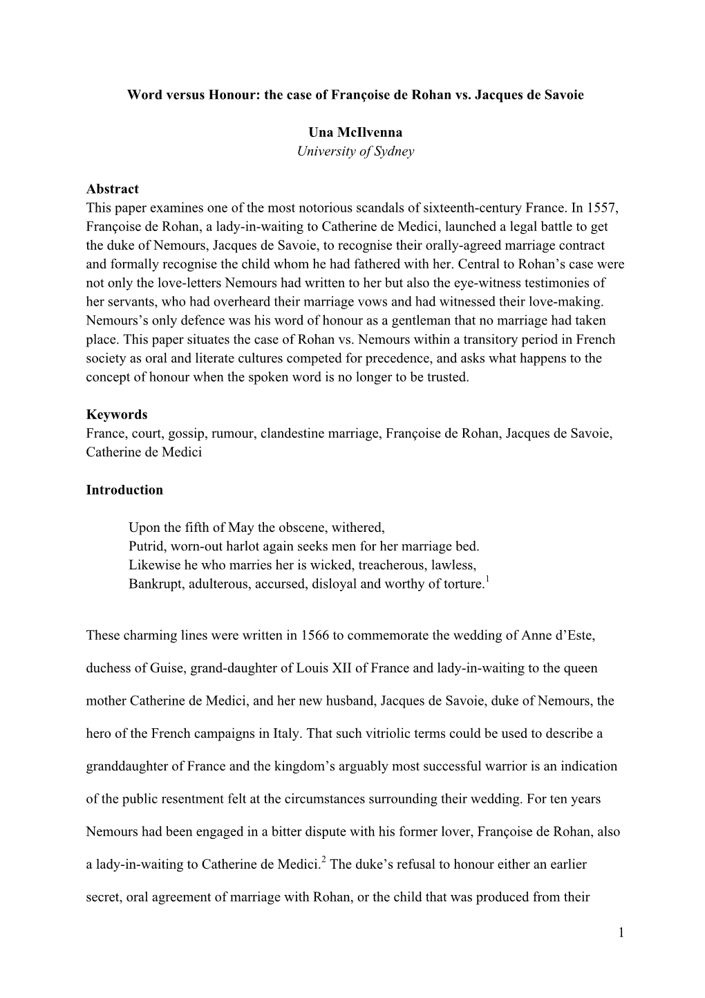 1 Word Versus Honour: the Case of Françoise De Rohan Vs. Jacques De