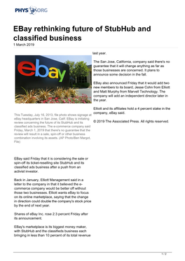 Ebay Rethinking Future of Stubhub and Classified Business 1 March 2019