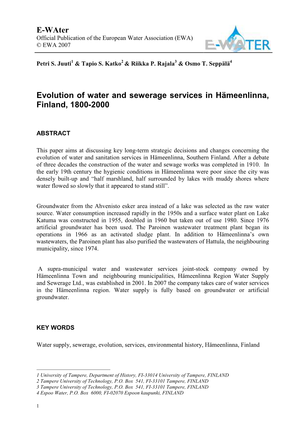 E-Water Evolution of Water and Sewerage Services in Hämeenlinna