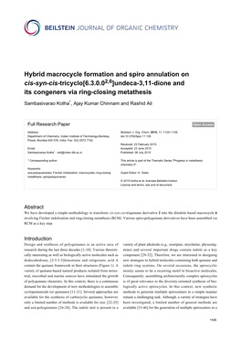 Hybrid Macrocycle Formation and Spiro Annulation on Cis-Syn-Cis-Tricyclo[6.3.0.02,6]Undeca-3,11-Dione and Its Congeners Via Ring-Closing Metathesis