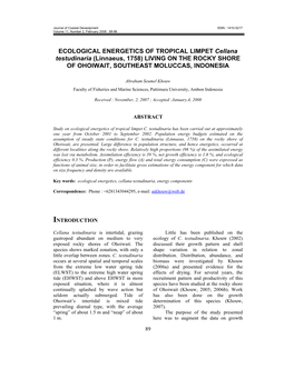 ECOLOGICAL ENERGETICS of TROPICAL LIMPET Cellana Testudinaria (Linnaeus, 1758) LIVING on the ROCKY SHORE of OHOIWAIT, SOUTHEAST MOLUCCAS, INDONESIA