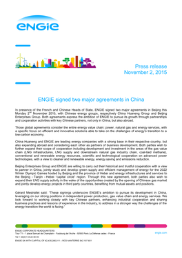 ENGIE Signed Two Major Agreements in China Press Release