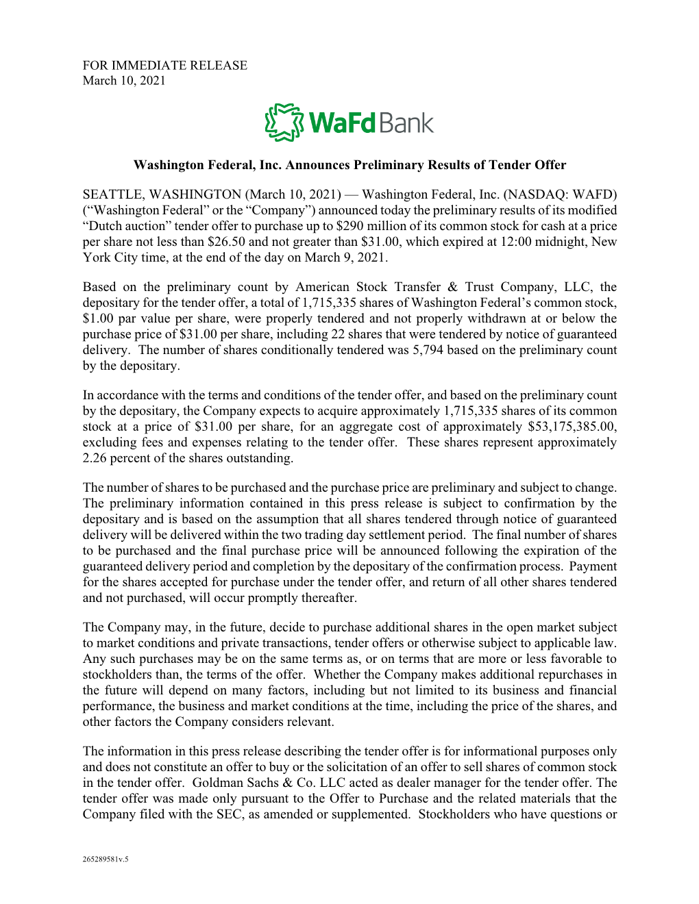 Washington Federal, Inc. Announces Preliminary Results of Tender Offer