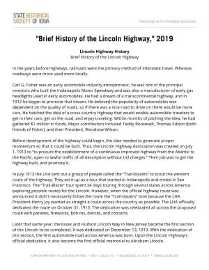 Brief History of the Lincoln Highway," 2019