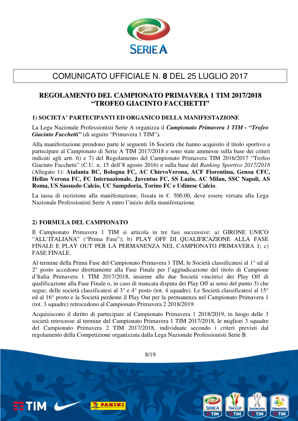 Comunicato Ufficiale N. 8 Del 25 Luglio 2017