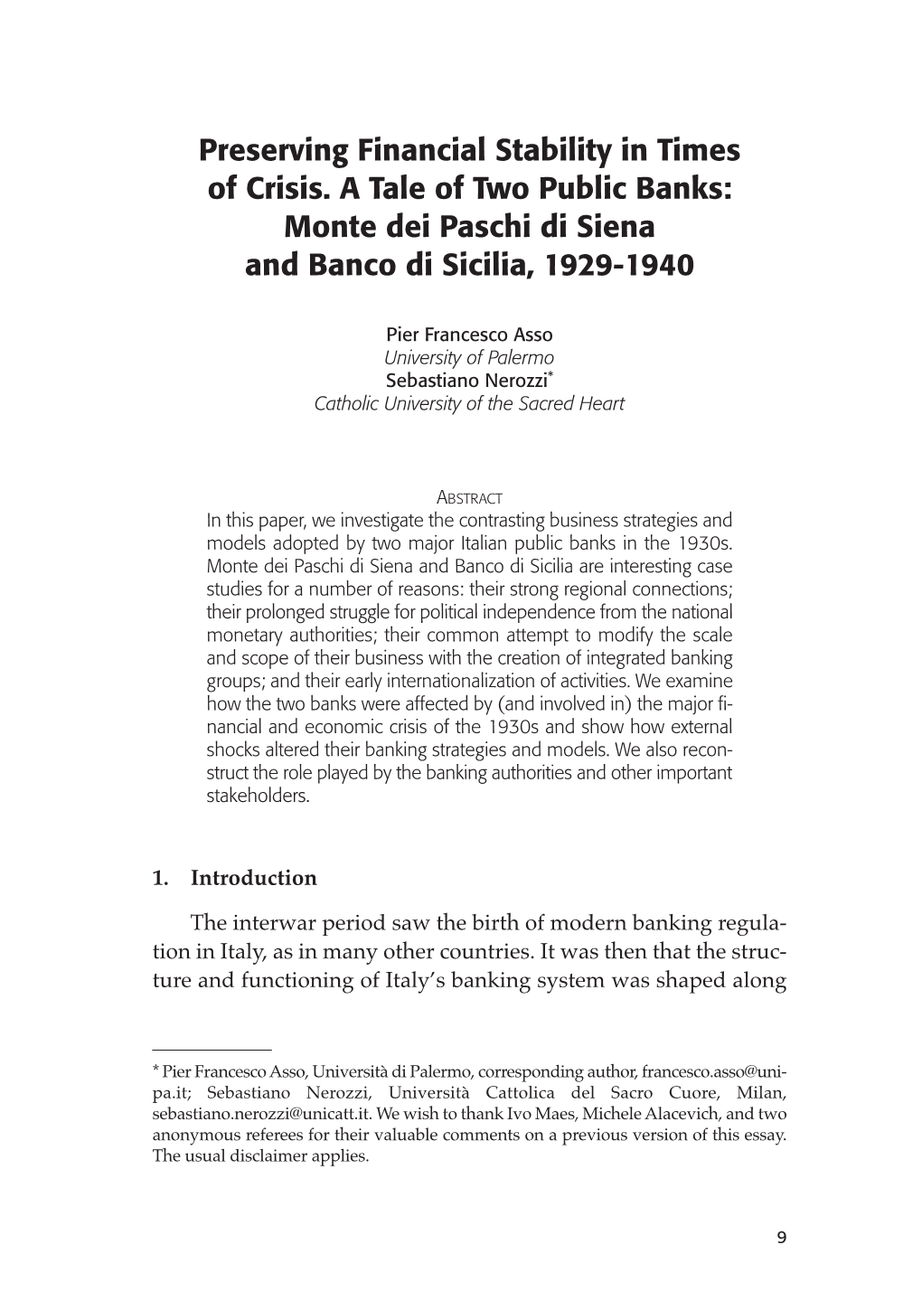 Preserving Financial Stability in Times of Crisis. a Tale of Two Public Banks: Monte Dei Paschi Di Siena and Banco Di Sicilia, 1929-1940