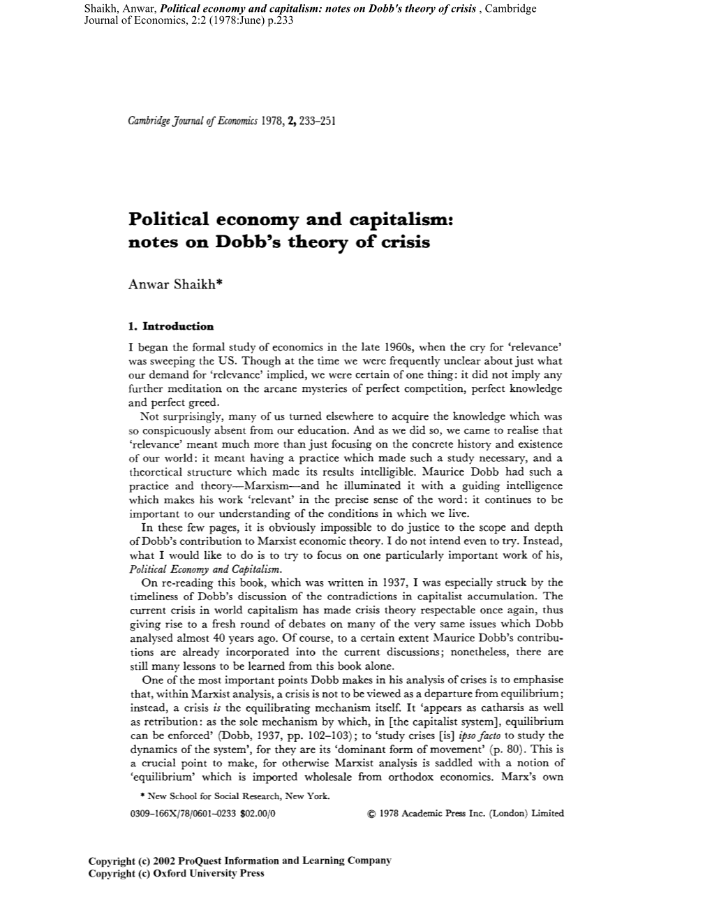 Political Economy and Capitalism: Notes on Dobb's Theory of Crisis , Cambridge Journal of Economics, 2:2 (1978:June) P.233