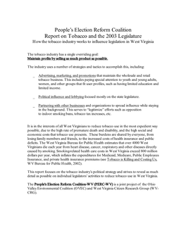 People's Election Reform Coalition Report on Tobacco and the 2003 Legislature