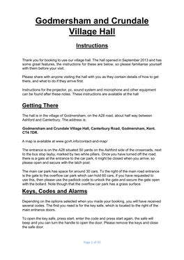 Godmersham and Crundale Village Hall Instructions