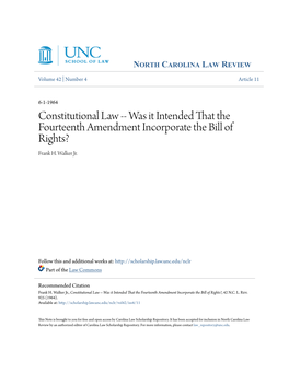 Was It Intended That the Fourteenth Amendment Incorporate the Bill of Rights? Frank H