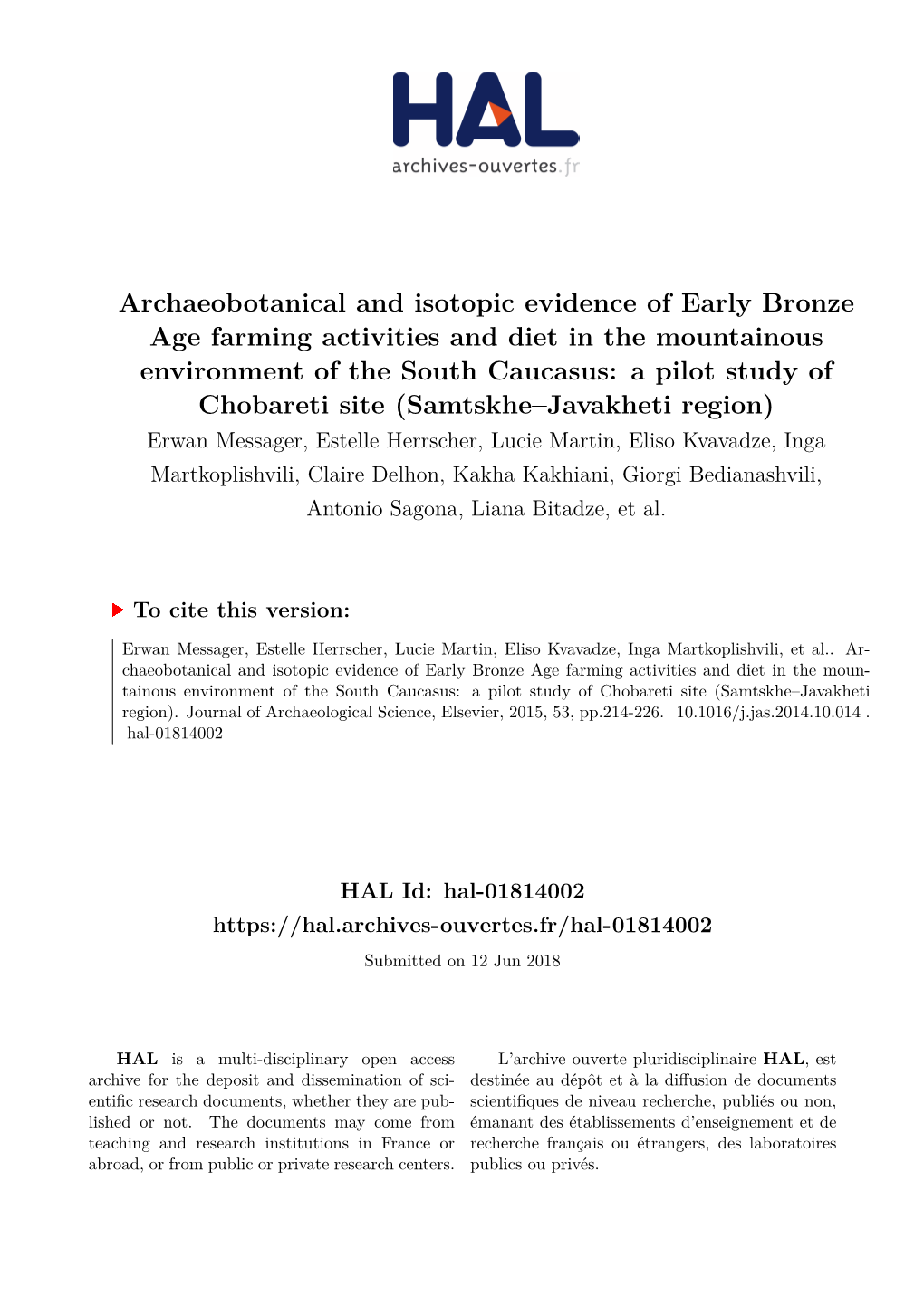 Archaeobotanical and Isotopic Evidence of Early Bronze Age