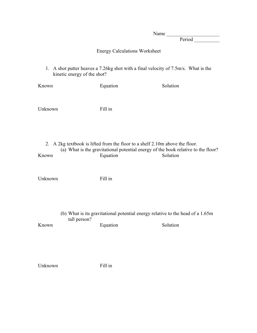 Energy Calculations Worksheet