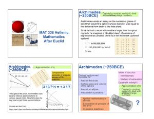 Archimedes (~250BCE) (~250BCE) Computed the Ideas of Calculus Perimeter of a Regular BD : CD = BA : AC
