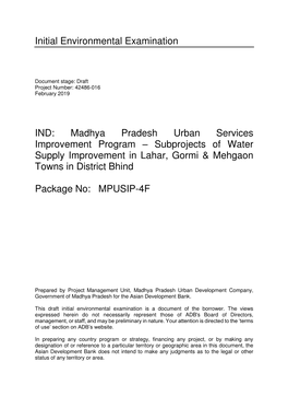 Subprojects of Water Supply Improvement in Lahar, Gormi & Mehgaon Towns in District Bhind