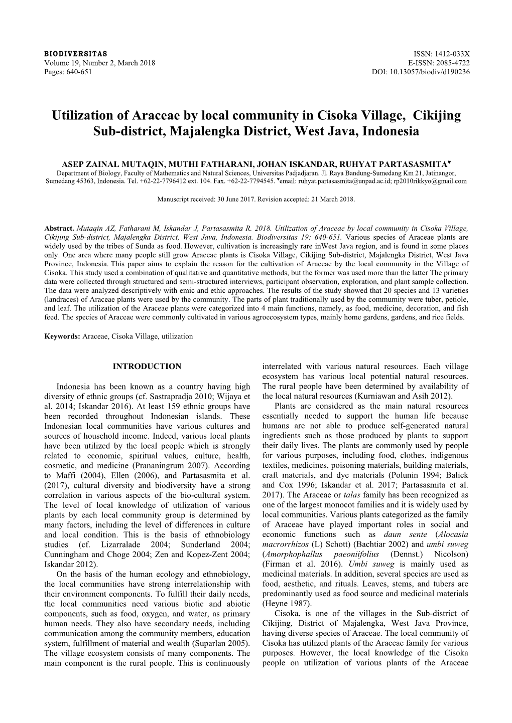 Utilization of Araceae by Local Community in Cisoka Village, Cikijing Sub-District, Majalengka District, West Java, Indonesia